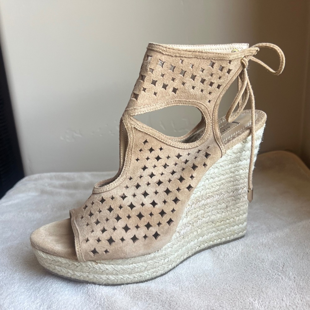 Aquazzura Sexy Star Wom 8.5-9 EU 39 Nude Suede Laser Cut Espadrille Wedge Sandal